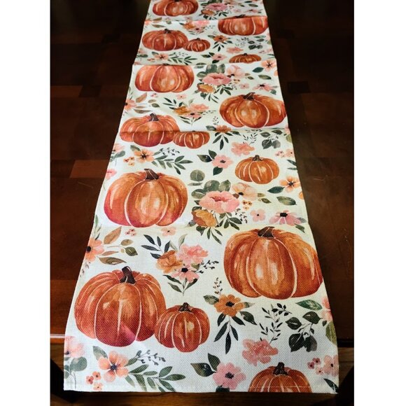 Pumpkin Table Runner Decorative Cloth Floral Decor Fall Decoration Thanksgiving - Picture 2 of 11